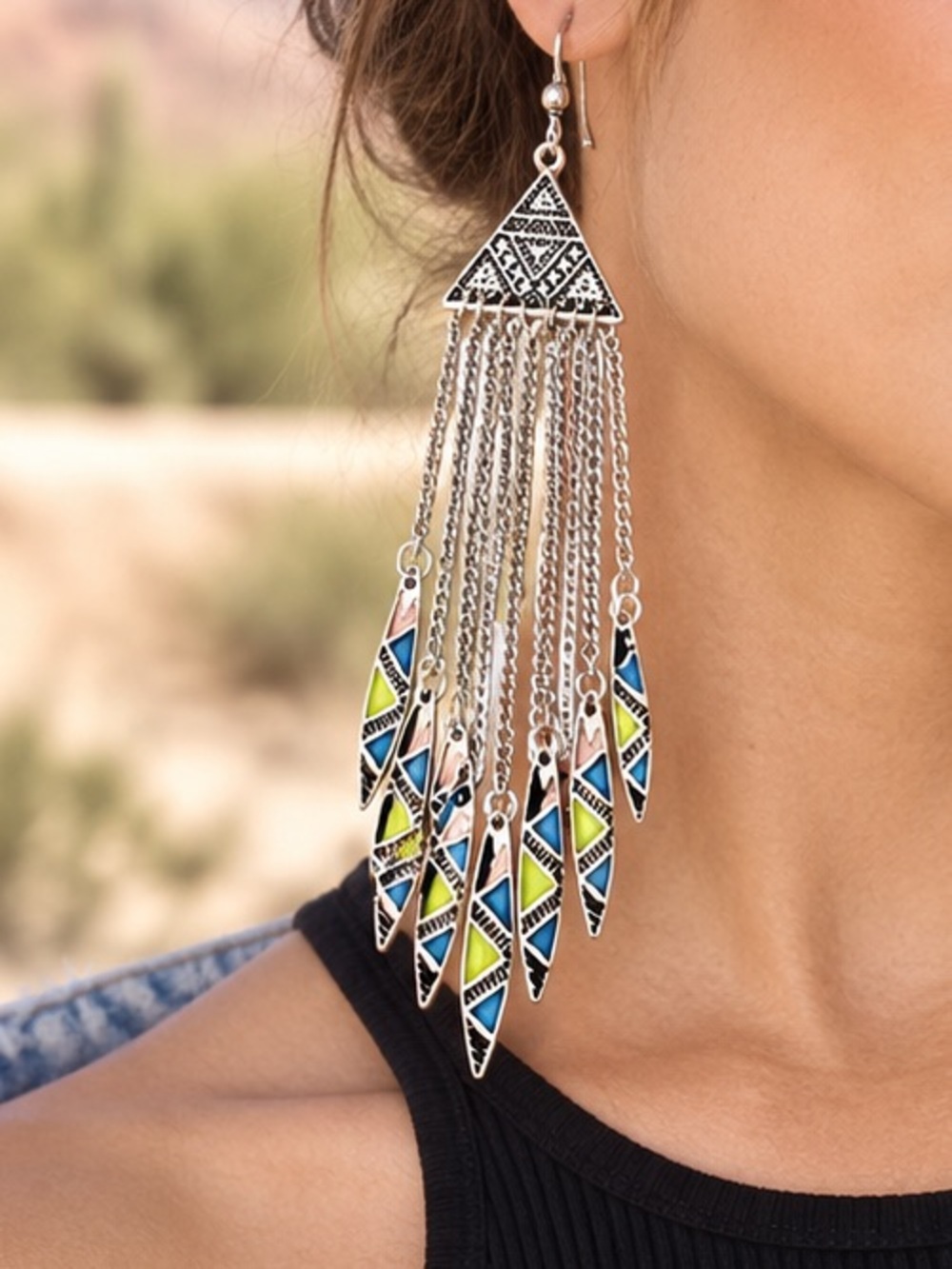 🆕 Boho Tribal Chandelier Earrings Silver Tone Blue Lime Pink Dangle 4.4”
